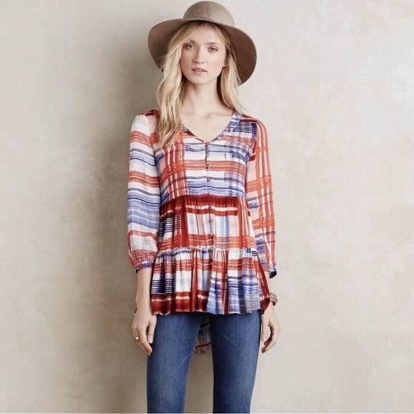 MAEVE ANTHROPOLOGIE RED BLUE PLAID FLOWY 3/4 Sleeve Blouse TUNIC TOP XS EUC - Picture 1 of 12